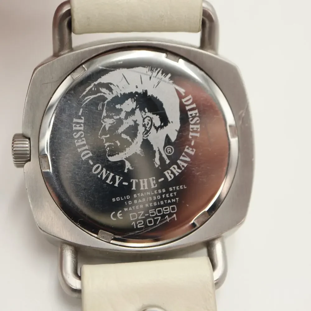 Diesel Mens 40mm Day Date Pink Silver Watch White Leather DZ5090 w New Battery